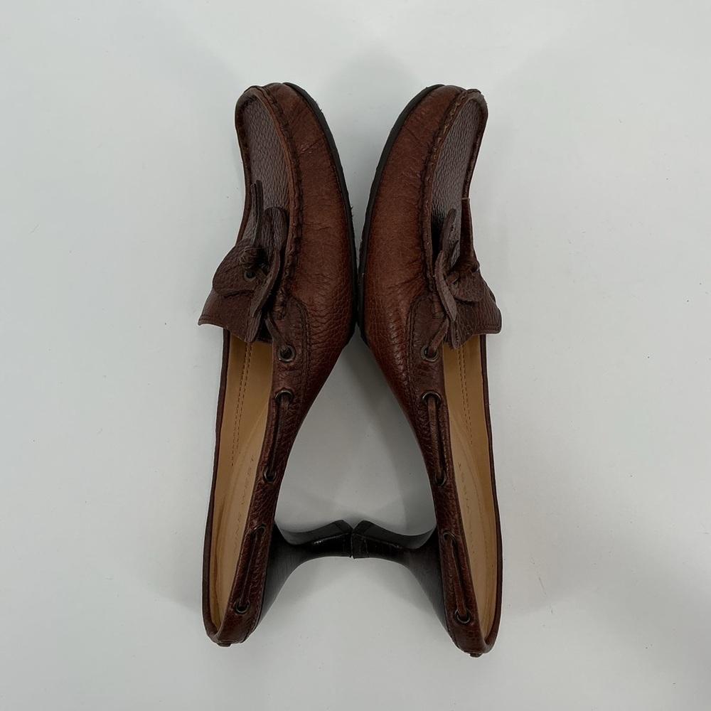 Nine West Ladies Brown Leather Slip-On Kitten Mules with Floral Tassel Accent - Picture 11 of 13